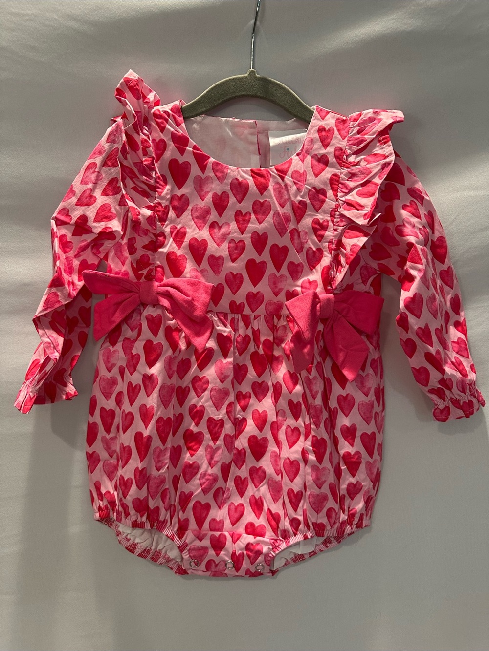 Girls Pink Heart-Print Ruffle One-Piece Bodysuit with Bows